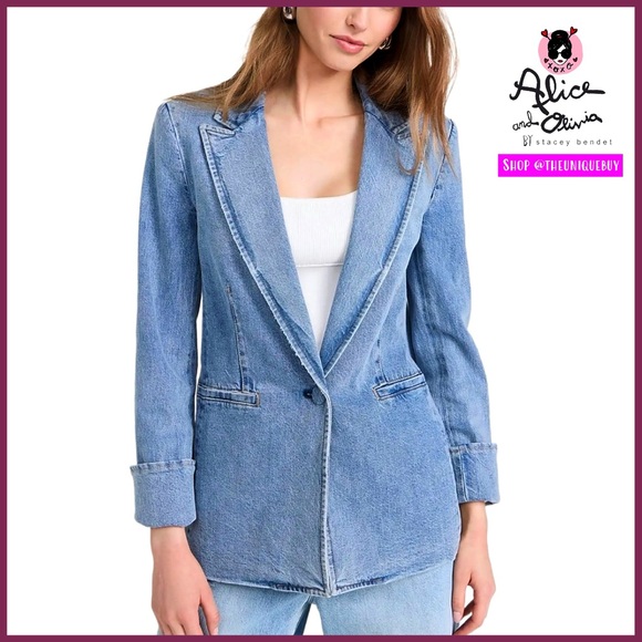 Alice + Olivia Justine Denim Rolled Cuff Blazer Jacket - Picture 6 of 16